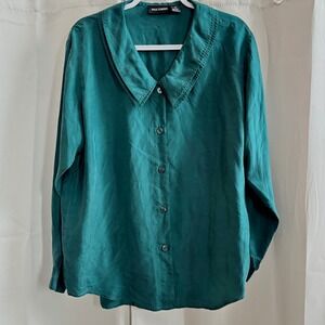 Paul Harris Silk Blouse Top Green Button Up 1x Ruffle Elegant Old Money 19324x